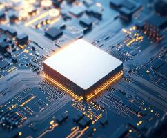 Detail-oriented close-up of a modern microprocessor on a circuit board showcasing intricate connections and glowing elements photo