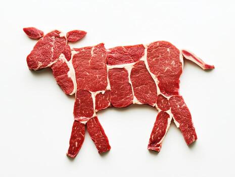 Creative arrangement of raw meat cuts in the shape of a cow on a white background photo