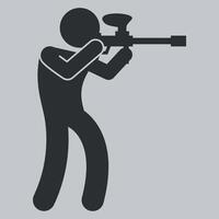 black and white icon of paintball player with paintball gun on white background vector