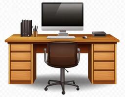 Wooden desk with computer setup and office supplies organized for efficient workspace photo