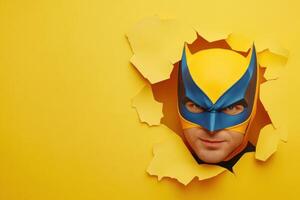Man in superhero costume breaks through yellow wall with confident expression in creative illustration photo