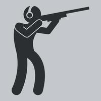 black and white icon of a sportsman hunter with a gun and in headphones on a white background vector