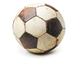Classic worn soccer ball displayed on a clean surface with a neutral background reflecting timeless sports equipment photo