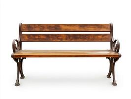 Elegant wooden bench with a vintage design placed against a plain background in a bright setting photo