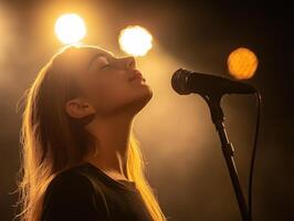 Young singer performs with passion under spotlight during live music event at night photo