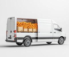 Delivery van transporting fresh oranges during daytime in urban setting photo