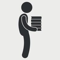 black and white icon of school student with stack of books on white background vector