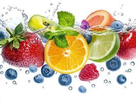 Fresh fruits splash in clear water demonstrating vibrant colors and textures near summer photo