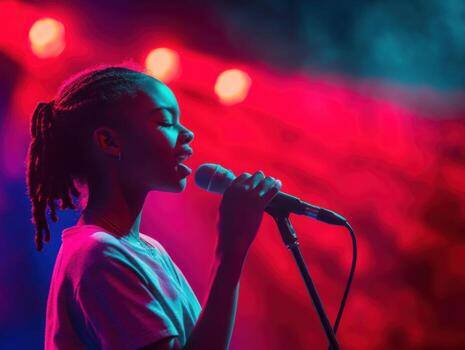 joven cantante ejecutando apasionadamente en etapa con vistoso luces esclarecedor el antecedentes foto