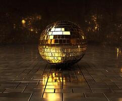 Golden disco ball reflecting light in a dark, stylish environment with glossy floor tiles photo