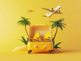 Bright yellow suitcase with chairs set against a tropical backdrop symbolizes vacation planning and travel dreams photo