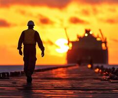 Worker walks along pier at sunset with a cargo ship silhouetted against the sky photo