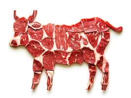 Creative display of different beef cuts arranged in the shape of a cow on a white background showcasing the diversity of meat options photo