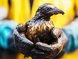 Rescued bird covered in oil held by volunteer during wildlife rehabilitation efforts photo
