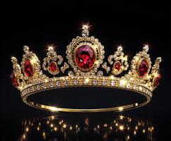 Exquisite crown adorned with rubies and sparkling gems shines against a black background photo
