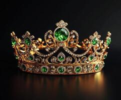 Exquisite golden crown adorned with emeralds and diamonds against a dark backdrop photo