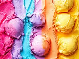 Colorful display of various ice cream flavors arranged symmetrically in a rainbow pattern photo