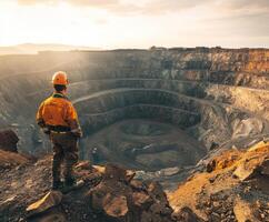 Worker observes vast open pit mine during sunset near a mining site in a remote location photo