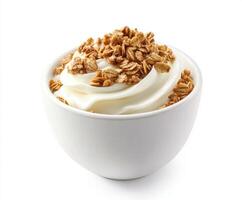 Yummy dessert bowl with creamy yogurt topped with crunchy granola for a delightful snack photo