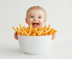 Happy baby enjoying a large bowl of golden fries in a bright, cheerful setting photo