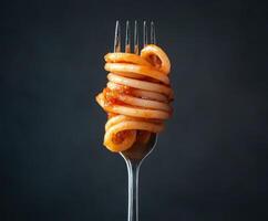 Fork held with pasta showcasing a delightful twist of spaghetti covered in savory sauce photo