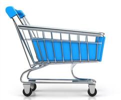 Shopping cart with a vibrant blue interior ready for grocery shopping at a local market photo