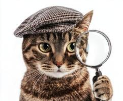 Curious cat wearing a detective hat holds a magnifying glass with an inquisitive expression photo
