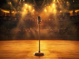 Spotlight illuminates a vintage microphone on the stage of a theater during a performance photo