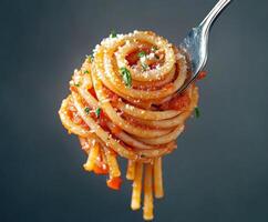 Delicious spaghetti twirled on a fork garnished with herbs and cheese ready to be served photo