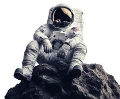 Astronaut sitting on asteroid, experiencing cosmic solitude in space environment photo