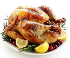 Perfectly roasted turkey garnished with fresh herbs and citrus for a festive table setting photo