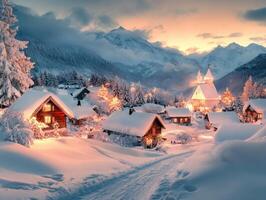 Winter village illuminated by twilight glow with snow-covered rooftops and mountains in the background photo