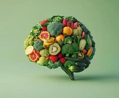 Creative display of fruits and vegetables arranged to resemble a human brain photo