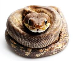 Brown snake coiled up with distinct patterns and a calm demeanor in a bright setting photo