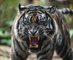 Fierce tiger showcasing powerful roar in lush natural habitat during daylight photo