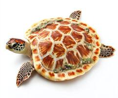Detailed view of a vibrant turtle showcasing its unique shell patterns and features in bright lighting photo