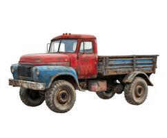 Vintage truck with worn paint and large tires parked in an empty landscape photo