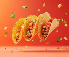Tacos filled with vibrant vegetables and toppings in mid-air against a colorful background photo