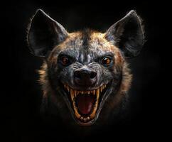 Fierce hyena displaying sharp teeth and intense gaze in dark surroundings photo