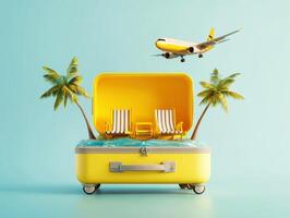 Creative travel concept featuring a vibrant yellow suitcase transformed into a tropical beach scene with an airplane above photo