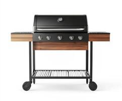 Outdoor grill with sleek design and wooden accents ready for summer barbecues and gatherings in a backyard setting photo