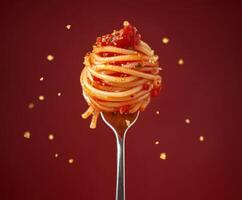 Spaghetti twirled on a fork with vibrant tomato sauce and golden flakes on a bold red background photo