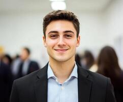 Young man in formal attire smiles confidently at a networking event in a modern venue with blurred background photo