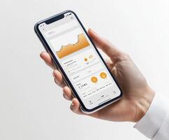 Hand holding a smartphone displaying financial data and analytics on a plain background photo