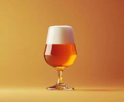 Golden amber beverage in an elegant glass with frothy top against warm background photo