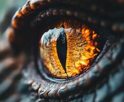 Close-up of a detailed dragon eye showcasing vibrant colors and intricate textures in a mystical forest setting photo