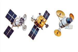 Multiple satellite models displayed in an educational exhibition about space technology photo