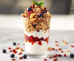 Delicious yogurt parfait layered with granola, berries, and honey served in a clear glass on a marble countertop photo