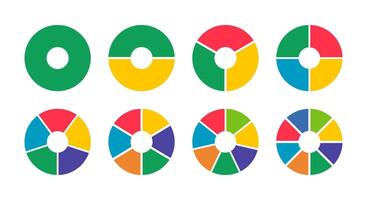 Donut charts, pies segmented on from 1 to 8 equal parts. Diagrams infographic multicoloured. Circle divided in sections. Wheel section graph. Pizza chart layout. Round icons. Loading bar simple mockup vector