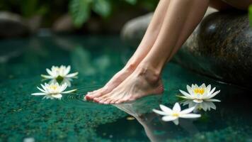 Feet resting in clear water with floating white lotus flowers in environment photo